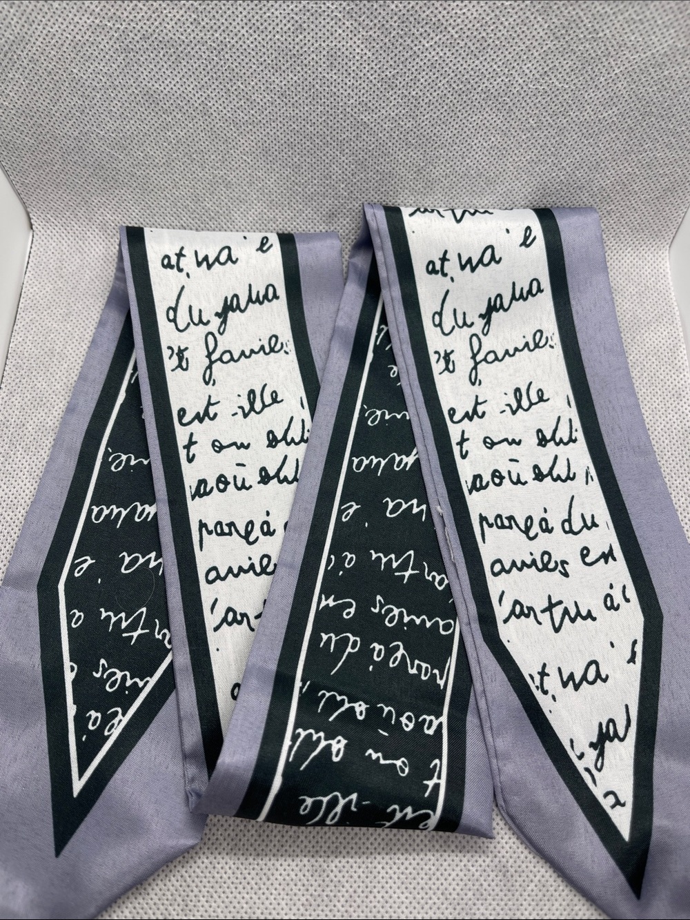 Silk Script Print Skinny Scarf in Lavender and Black